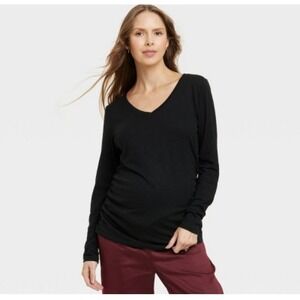 Isabel Maternity by Ingrid NWOT Medium Black V-Neck Long Sleeve Ruched Tee Basic